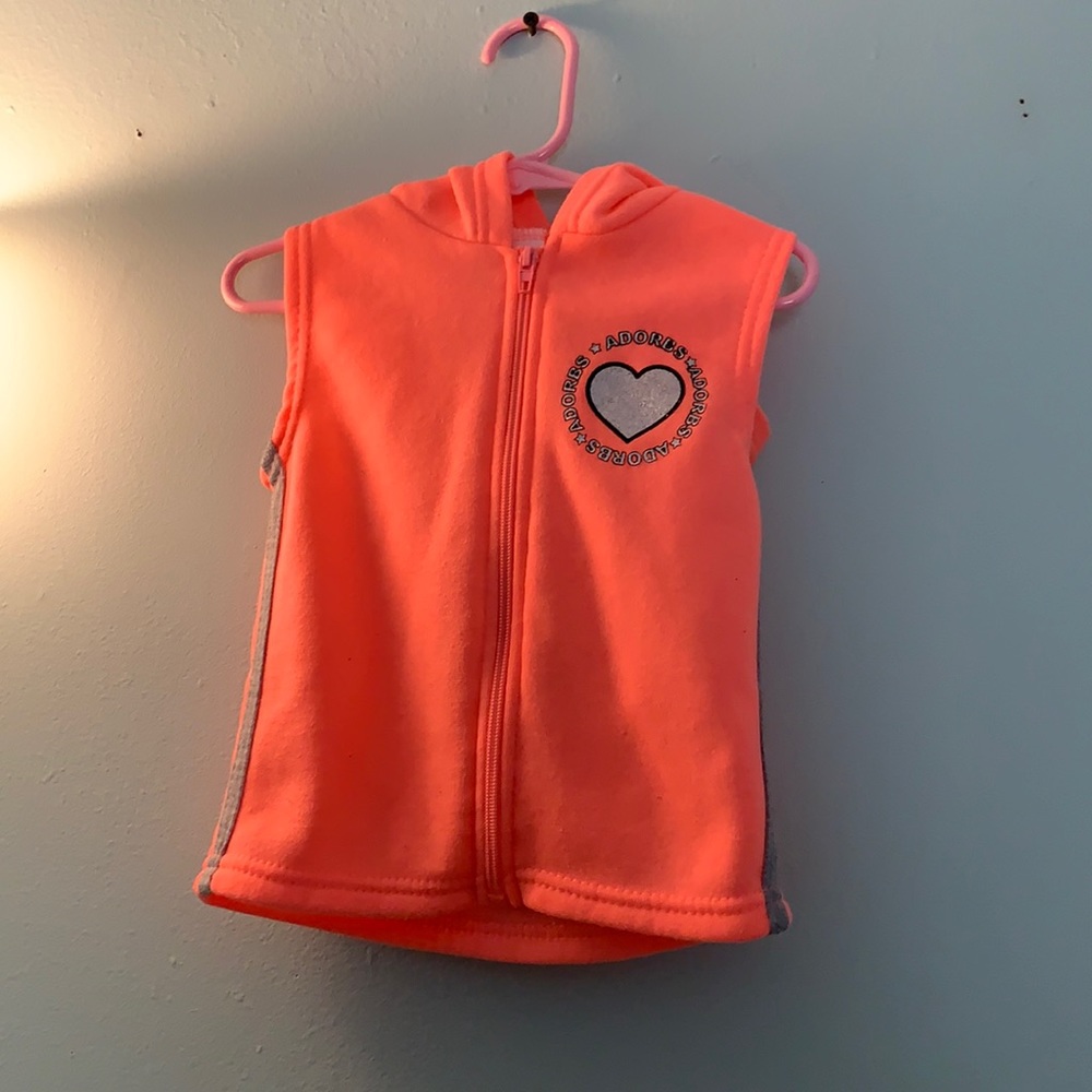 2t vest with hoodie heart on the left side around the heart states adorbs pink
